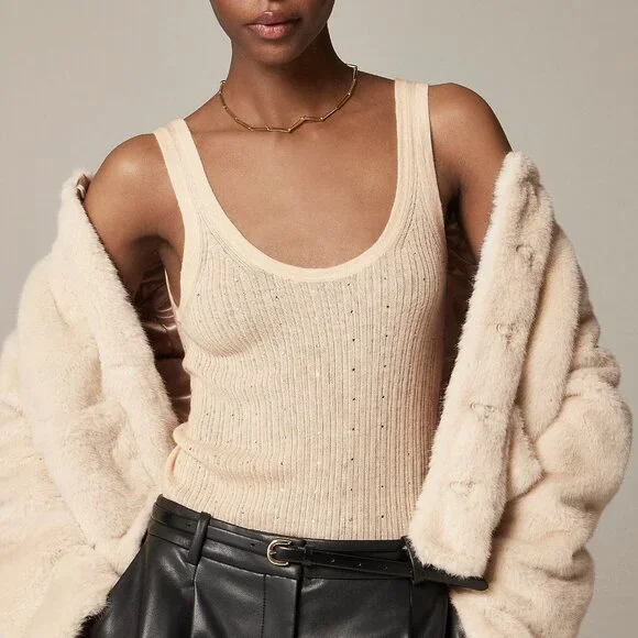 J Crew Featherweight Cashmere Rhinestone Tank Nude Buttercream Holiday XXS 0 - Picture 1 of 3